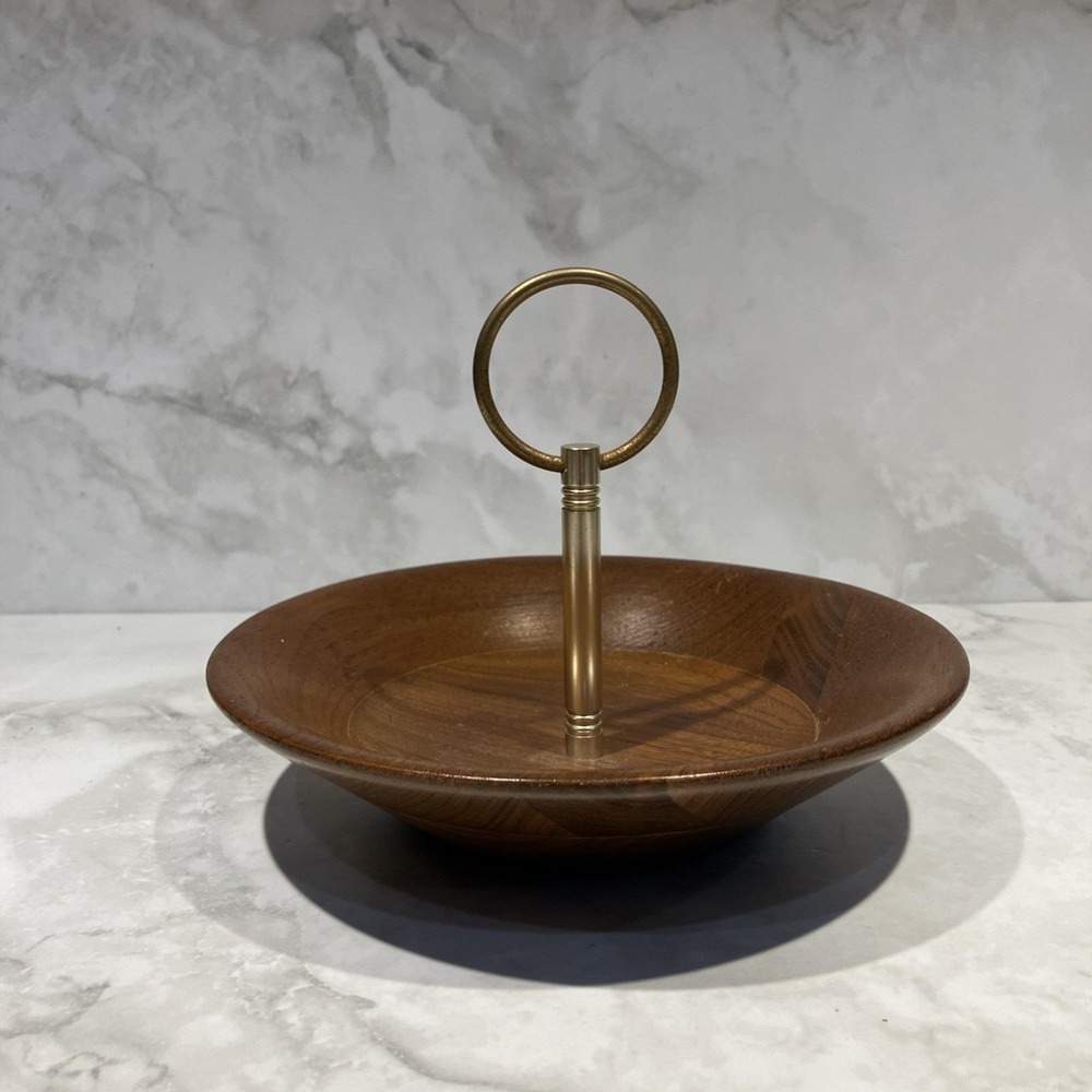 Mid Century Modern Walnut Candy Dish with Gold Handle 7"